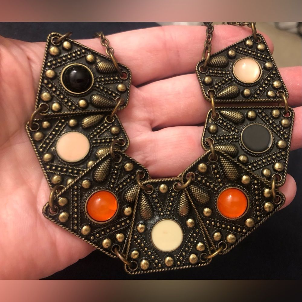 Bronze tone collar black, orange, white bead necklace